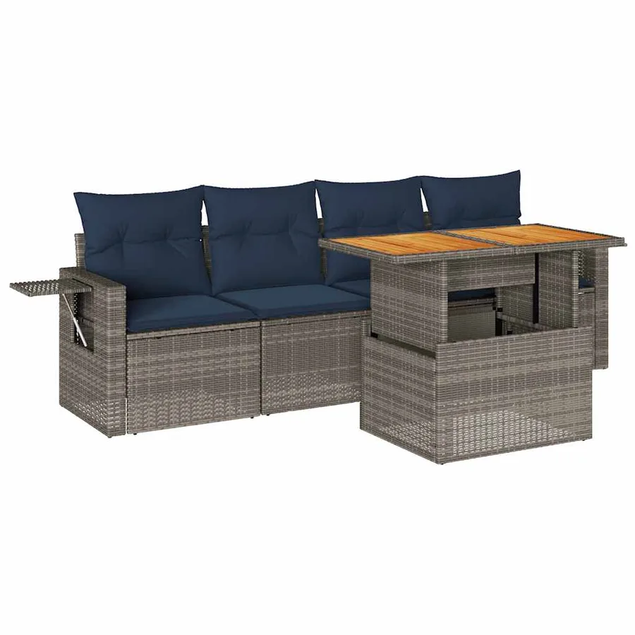 Salon de jardin 5 pcs avec coussins gris résine tressée - 2