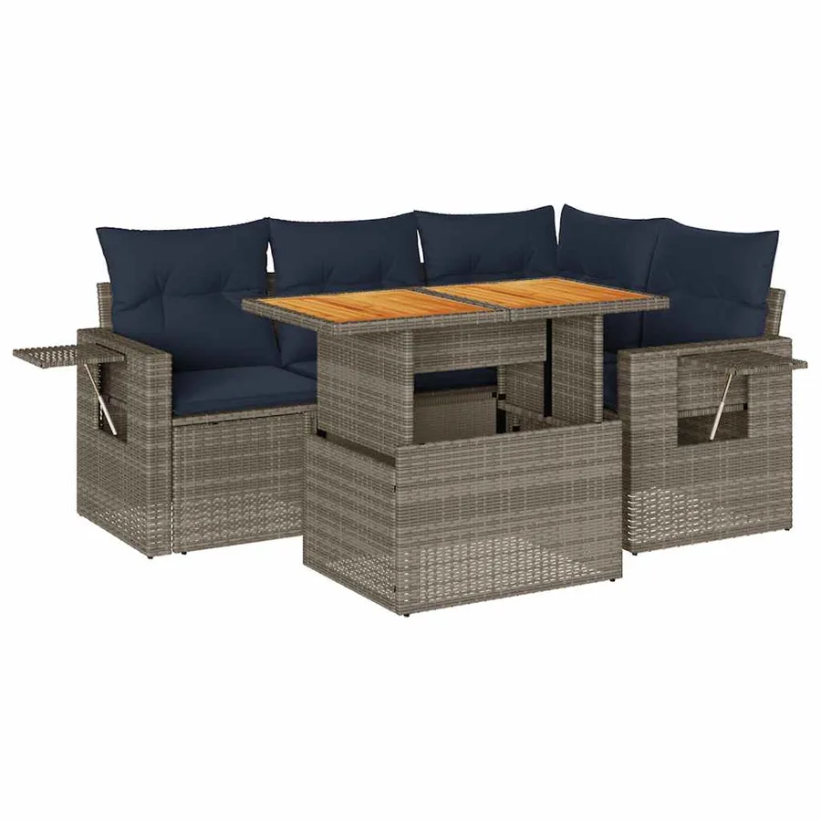 Salon de jardin 5 pcs avec coussins gris résine tressée - 2