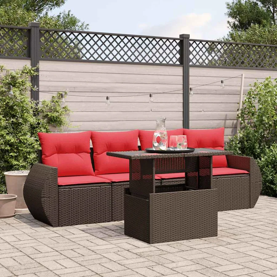 Ensemble de canapé de jardin 5 pcs avec coussins marron résine tressée