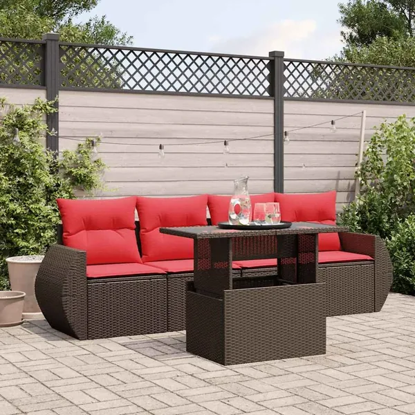 Ensemble de canapé de jardin 5 pcs avec coussins marron résine tressée