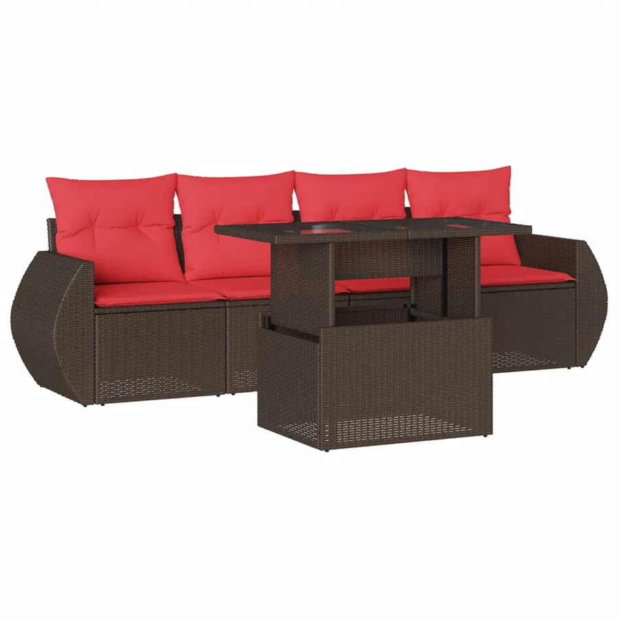 Ensemble de canapé de jardin 5 pcs avec coussins marron résine tressée - 2