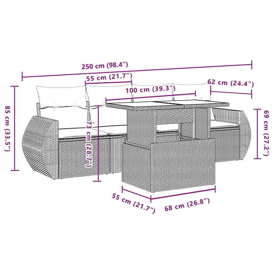 Ensemble de canapé de jardin 5 pcs avec coussins marron résine tressée - 9