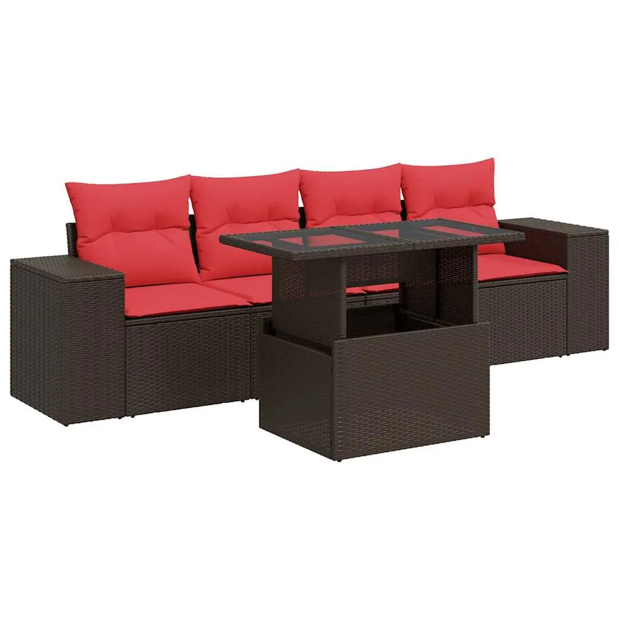 Salon de jardin avec coussins 5pcs marron résine tressée acacia - 2
