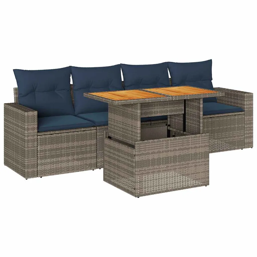 Salon de jardin 5 pcs avec coussins gris résine tressée - 2