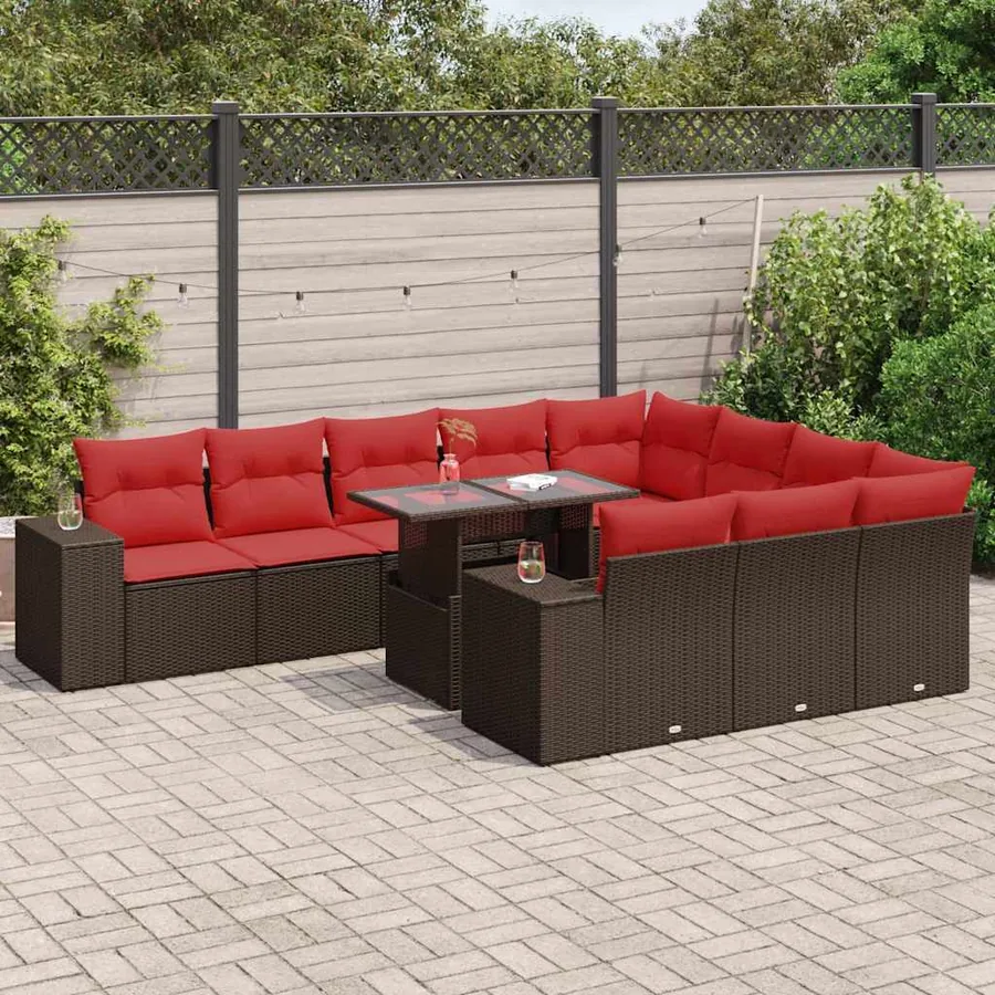 Salon de jardin et coussins 11 pcs marron résine tressée acacia