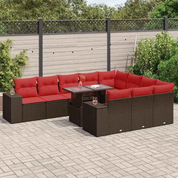 Salon de jardin et coussins 11 pcs marron résine tressée acacia