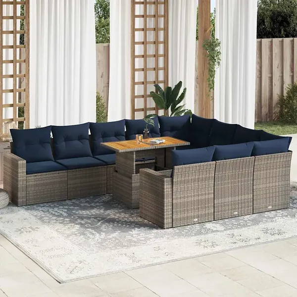 Salon de jardin 11 pcs avec coussins gris résine tressée