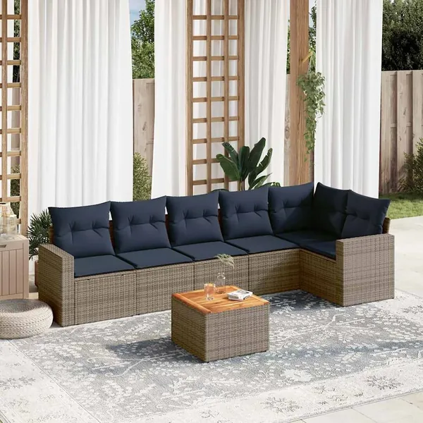 Salon de jardin 7 pcs avec coussins gris résine tressée