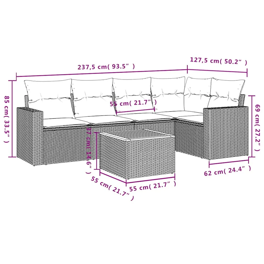 Salon de jardin 6 pcs avec coussins gris résine tressée - 12