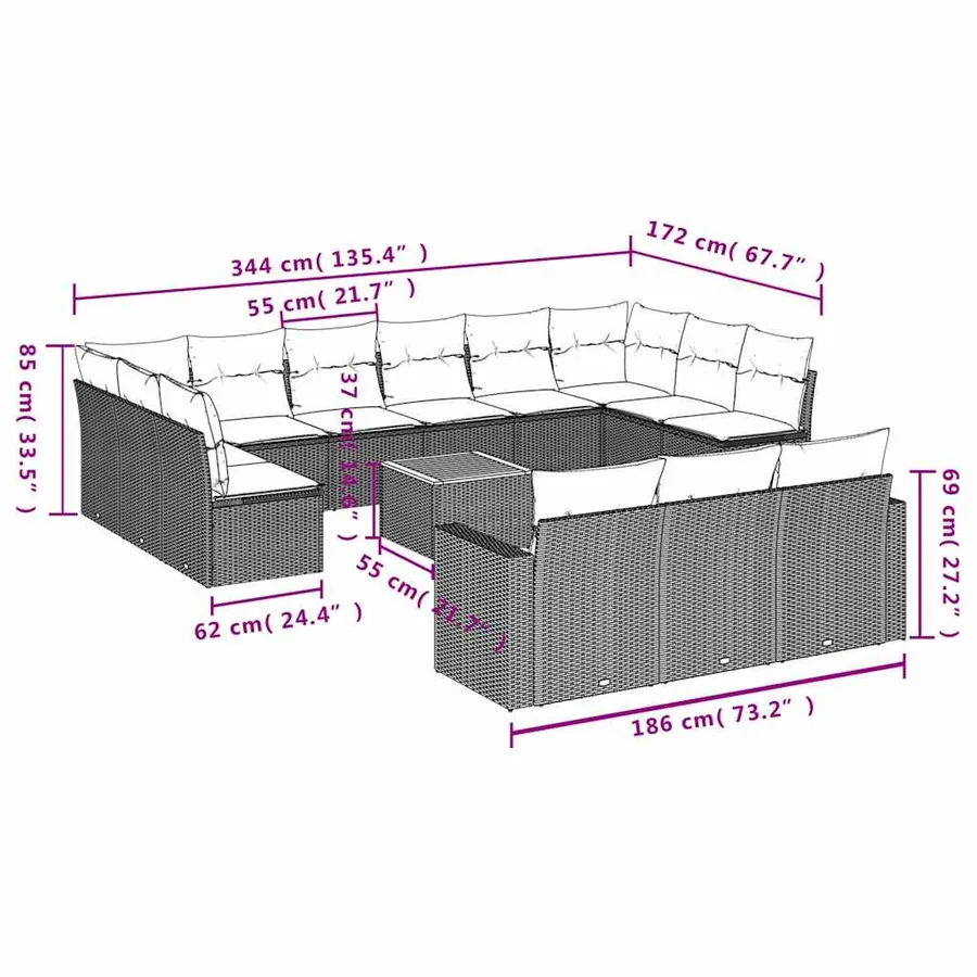 Salon de jardin avec coussins 14 pcs gris résine tressée - 12