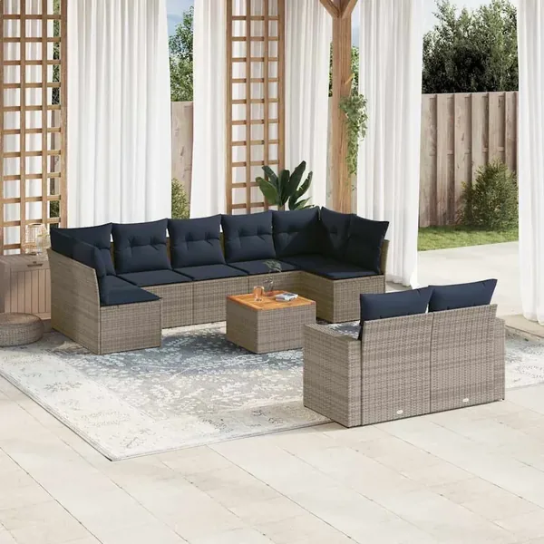 Salon de jardin 10 pcs avec coussins gris résine tressée