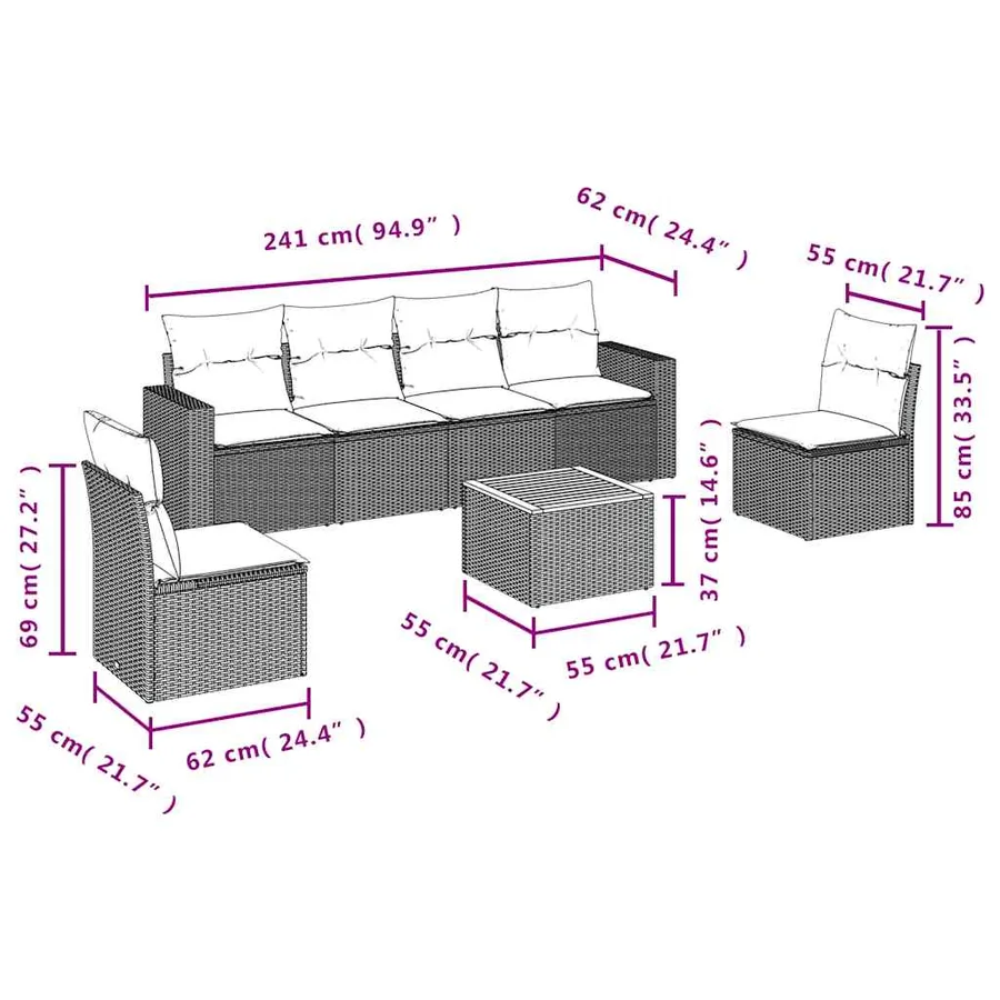 Salon de jardin 7 pcs avec coussins gris résine tressée - 10