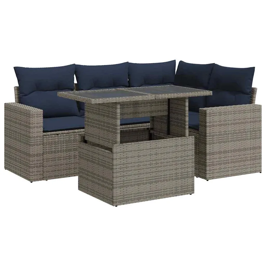 Salon de jardin 5 pcs avec coussins gris résine tressée acacia - 2