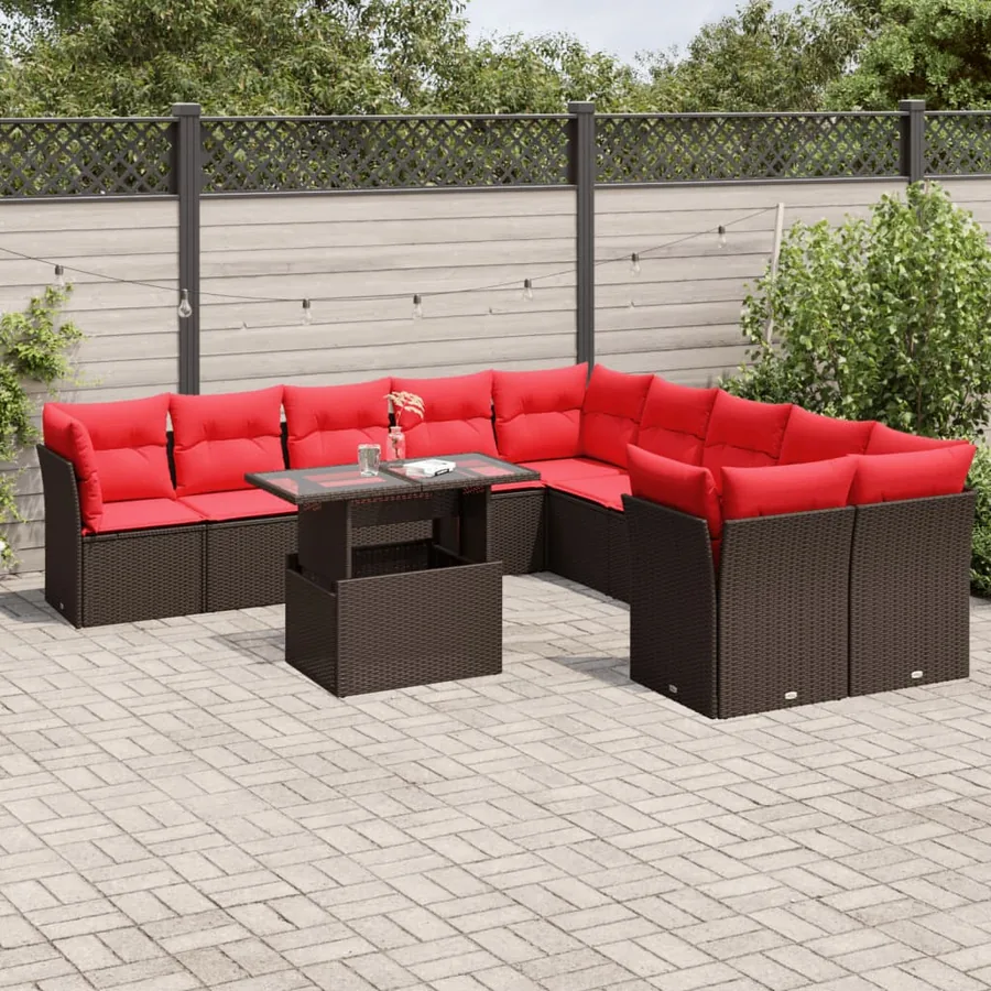 Ensemble de canapé de jardin 11 pcs avec coussins marron résine tressée