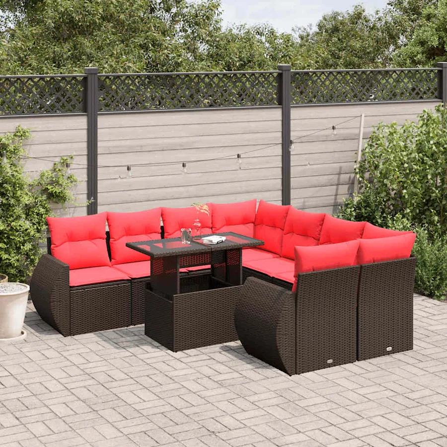 Ensemble de canapé de jardin 9 pcs avec coussins marron résine tressée