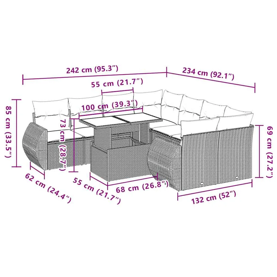 Ensemble de canapé de jardin 9 pcs avec coussins marron résine tressée - 10