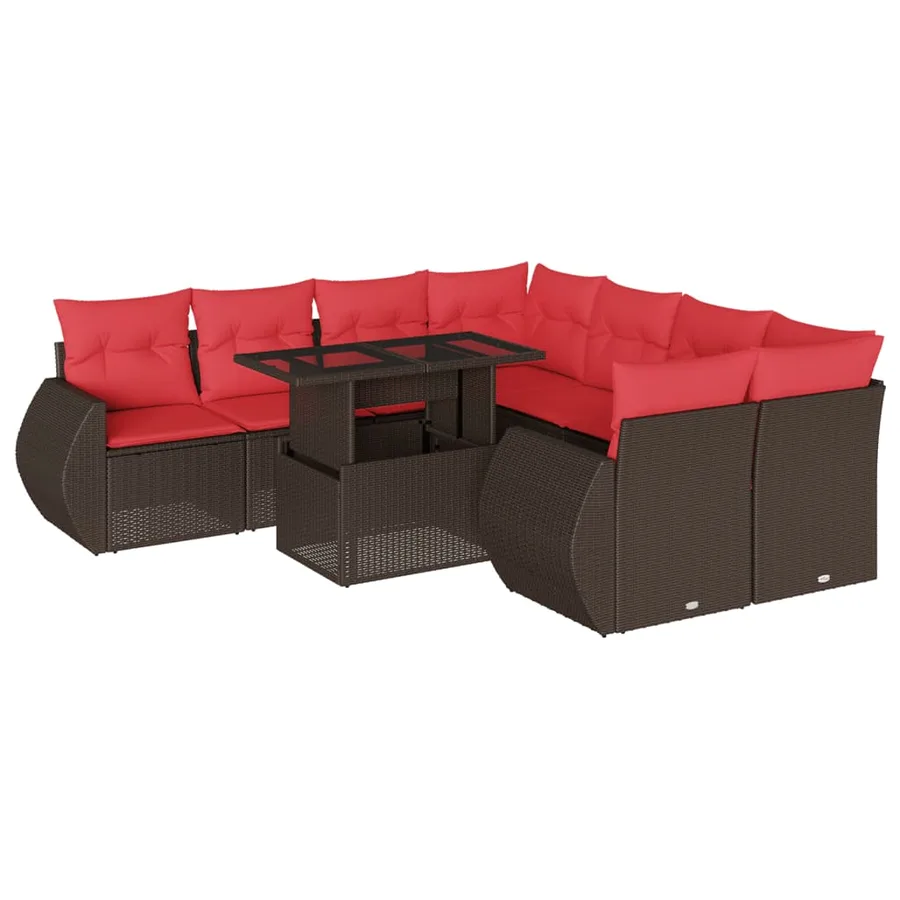 Ensemble de canapé de jardin 9 pcs avec coussins marron résine tressée - 2