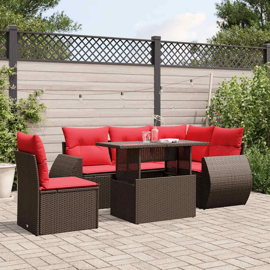 Ensemble de canapé de jardin 6 pcs avec coussins marron résine tressée