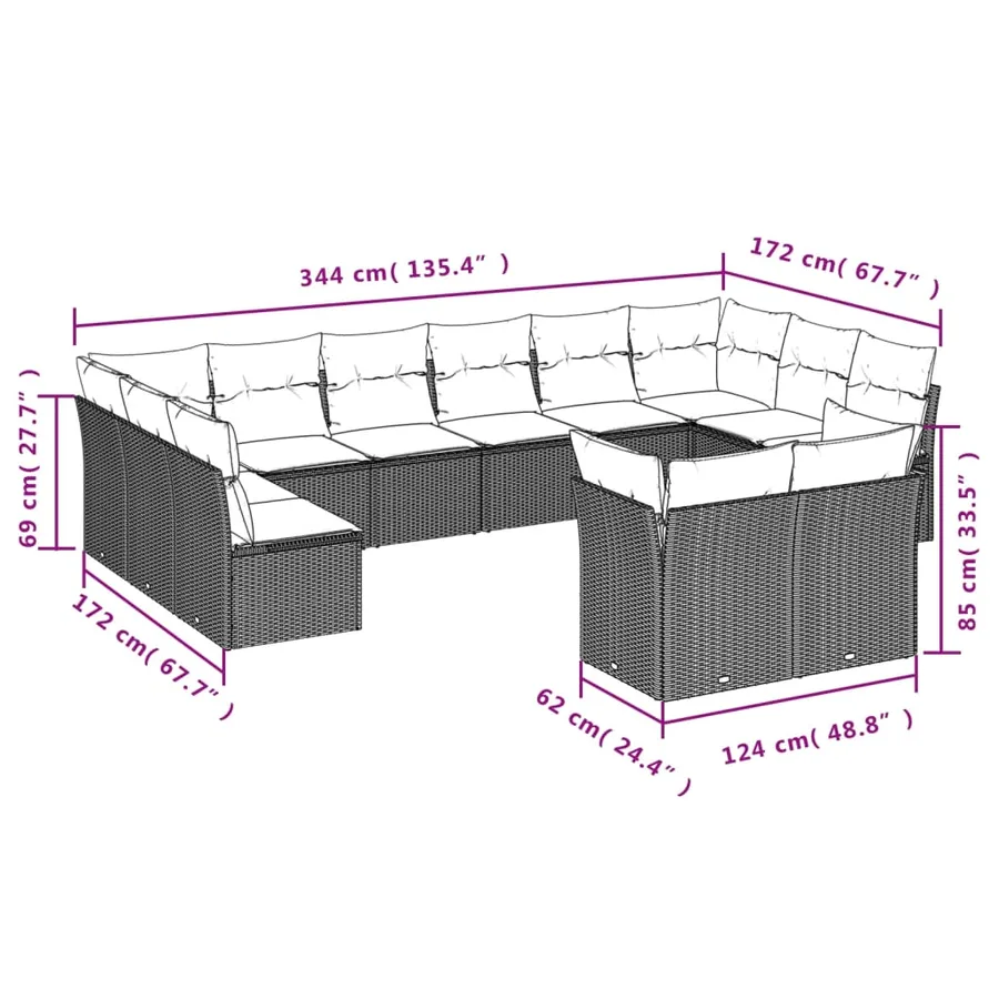 Ensemble de canapé de jardin 12 pcs avec coussins marron résine tressée - 6