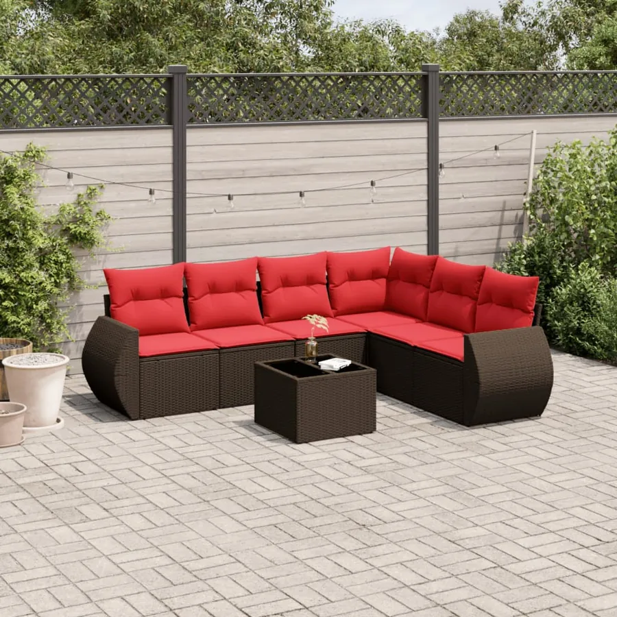 Ensemble de canapé de jardin 7 pcs avec coussins marron résine tressée