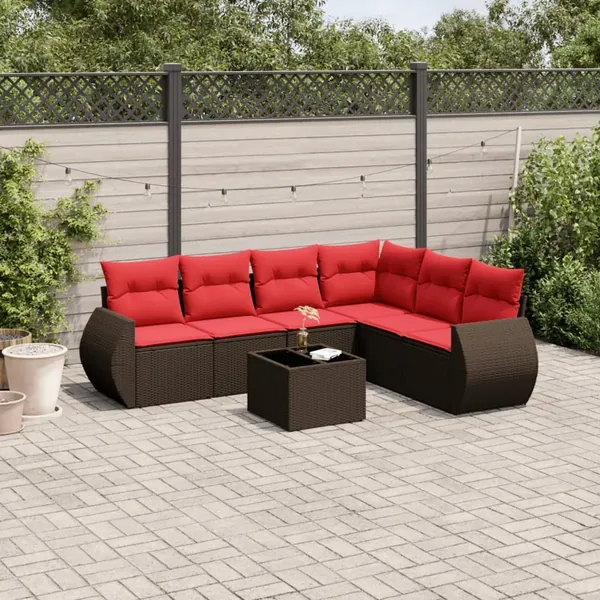 Ensemble de canapé de jardin 7 pcs avec coussins marron résine tressée