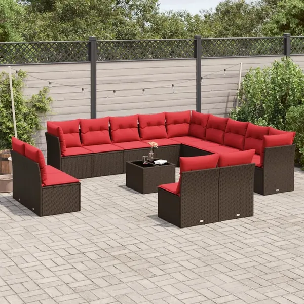 Ensemble de canapé de jardin 14 pcs avec coussins marron résine tressée