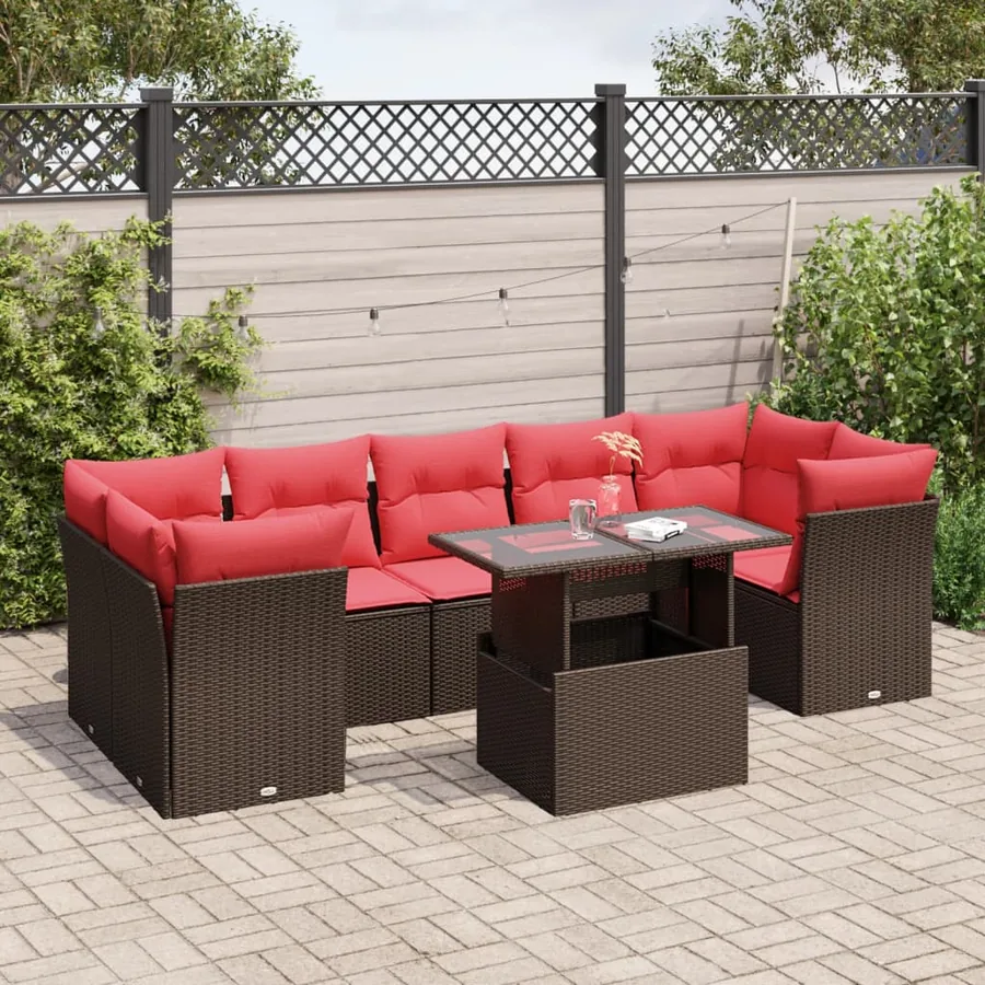Ensemble de canapé de jardin 8 pcs avec coussins marron résine tressée