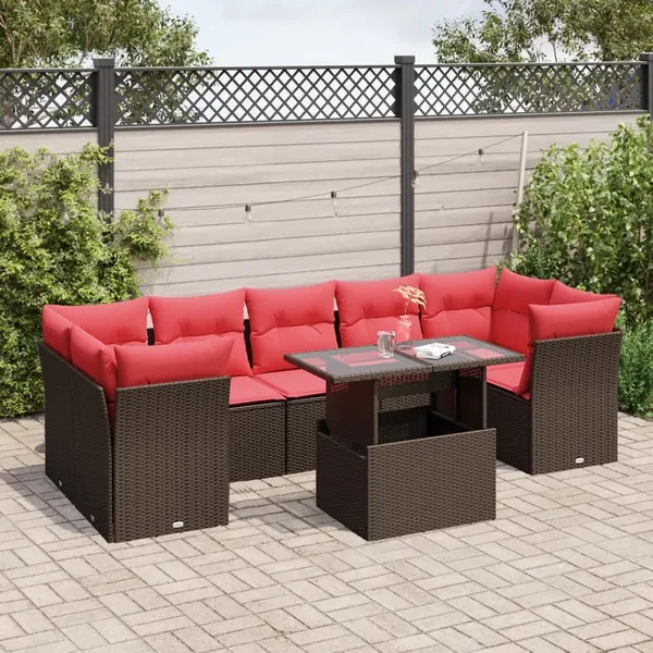 Ensemble de canapé de jardin 8 pcs avec coussins marron résine tressée