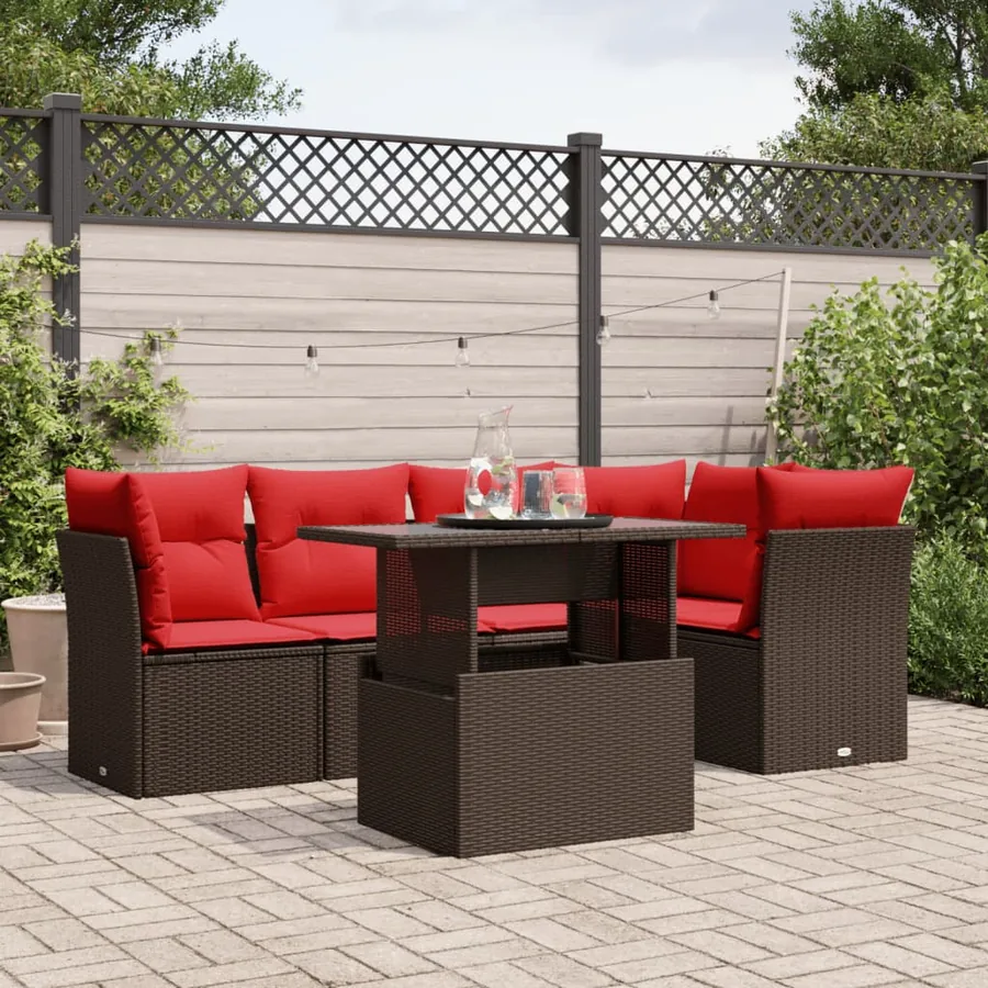 Ensemble de canapé de jardin 6 pcs avec coussins marron résine tressée