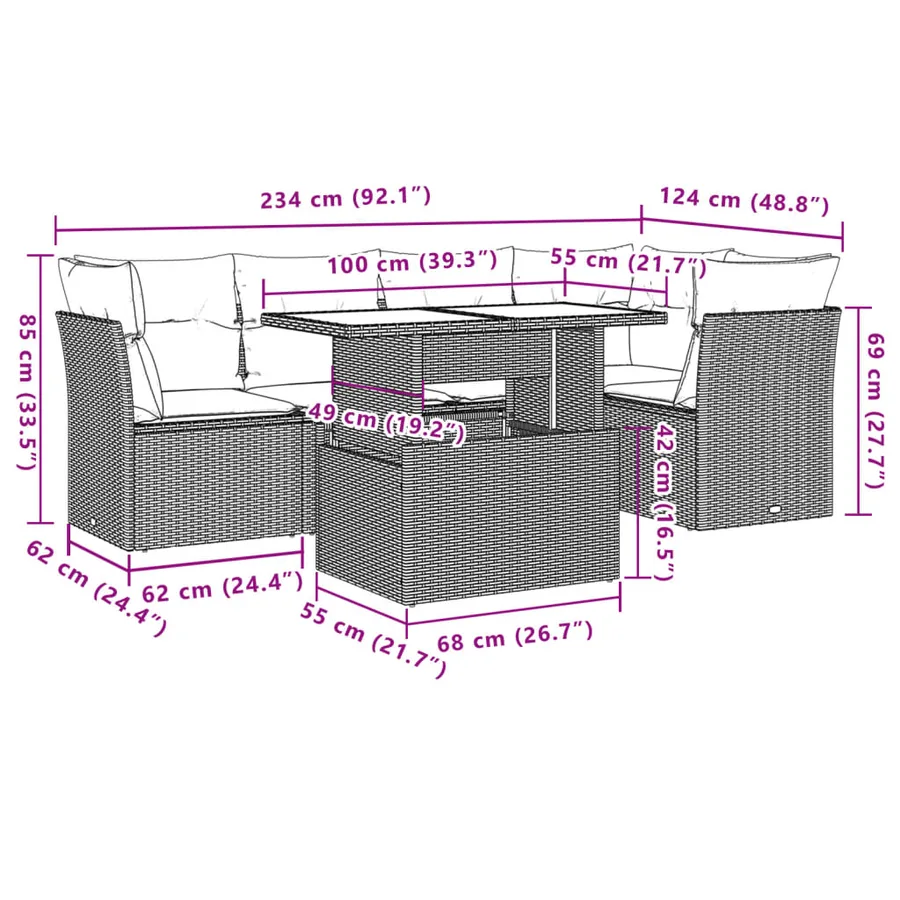 Ensemble de canapé de jardin 6 pcs avec coussins marron résine tressée - 9