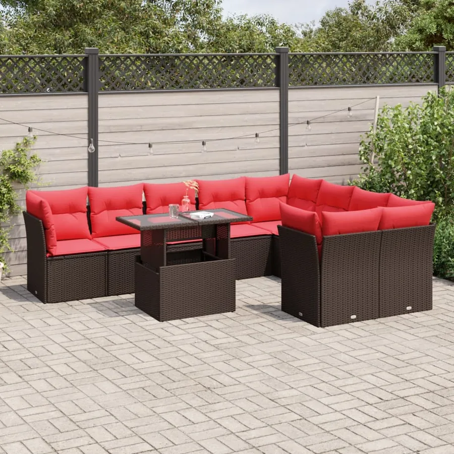 Ensemble de canapé de jardin 10 pcs avec coussins marron résine tressée