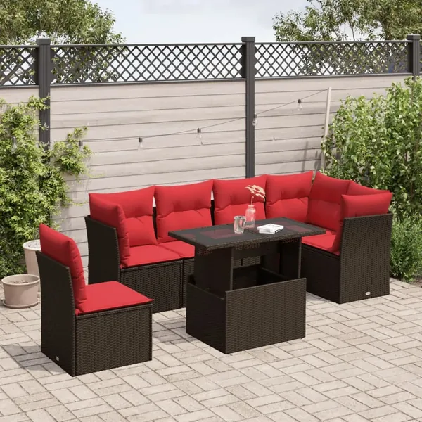 Ensemble de canapé de jardin 7 pcs avec coussins marron résine tressée