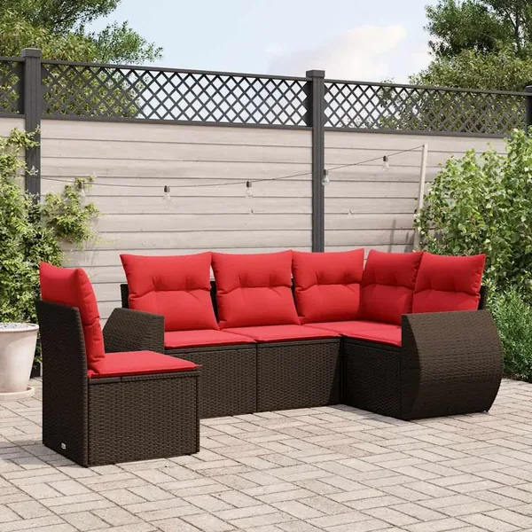 Ensemble de canapé de jardin 5 pcs avec coussins marron résine tressée