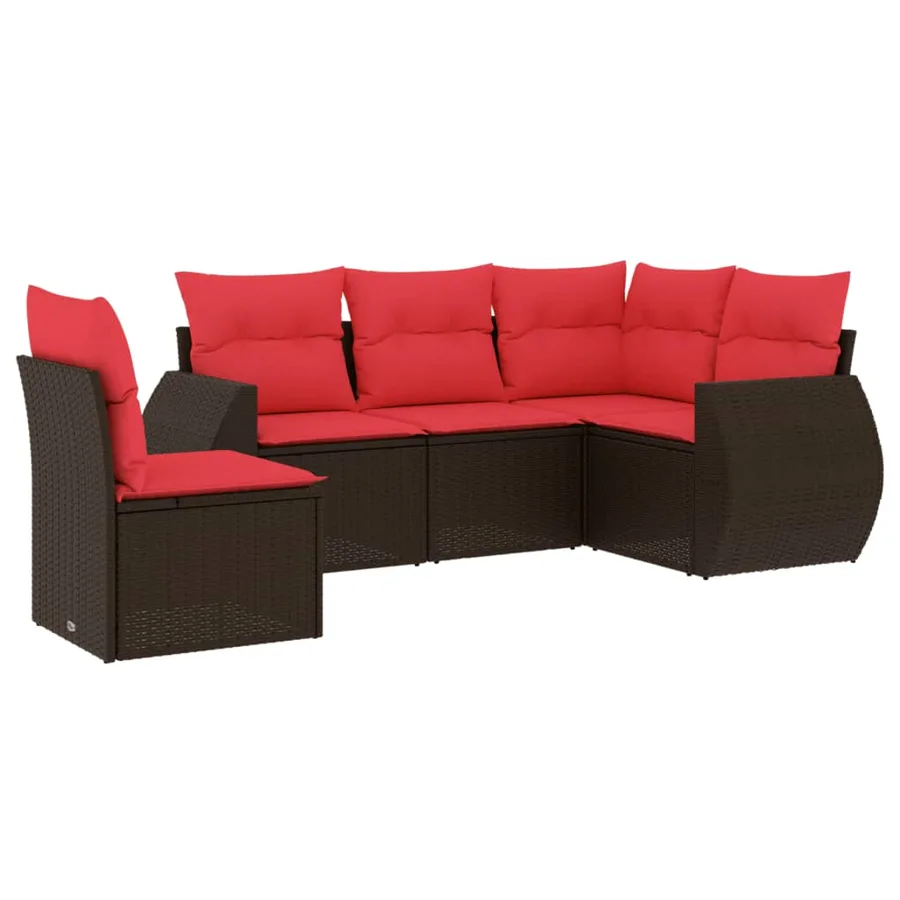Ensemble de canapé de jardin 5 pcs avec coussins marron résine tressée - 2