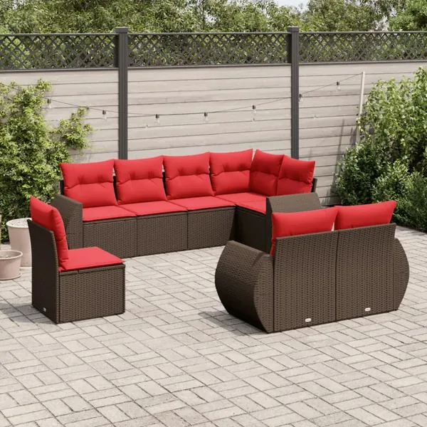 Ensemble de canapé de jardin 8 pcs avec coussins marron résine tressée
