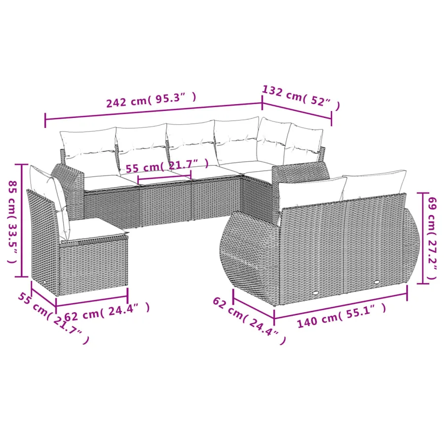 Ensemble de canapé de jardin 8 pcs avec coussins marron résine tressée - 7