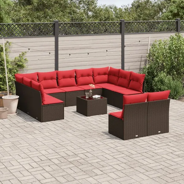 Ensemble de canapé de jardin 12 pcs avec coussins marron résine tressée