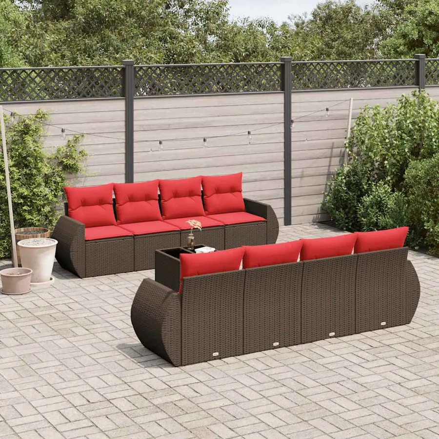 Ensemble de canapé de jardin 9 pcs avec coussins marron résine tressée