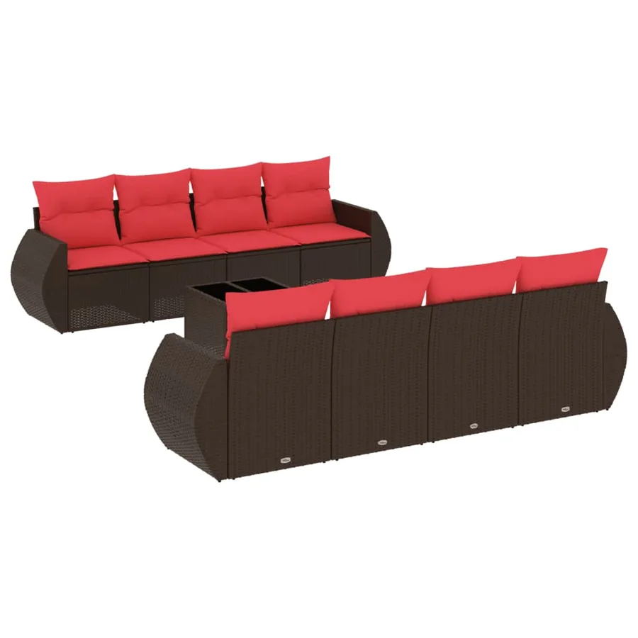 Ensemble de canapé de jardin 9 pcs avec coussins marron résine tressée - 2