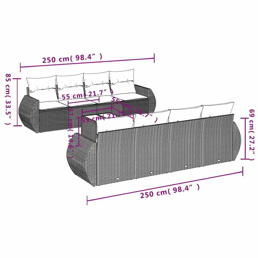 Ensemble de canapé de jardin 9 pcs avec coussins marron résine tressée - 7