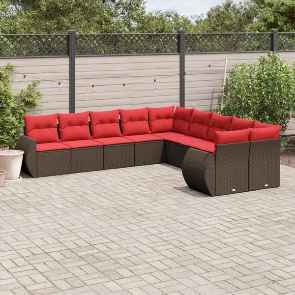 Ensemble de canapé de jardin 10 pcs avec coussins marron résine tressée