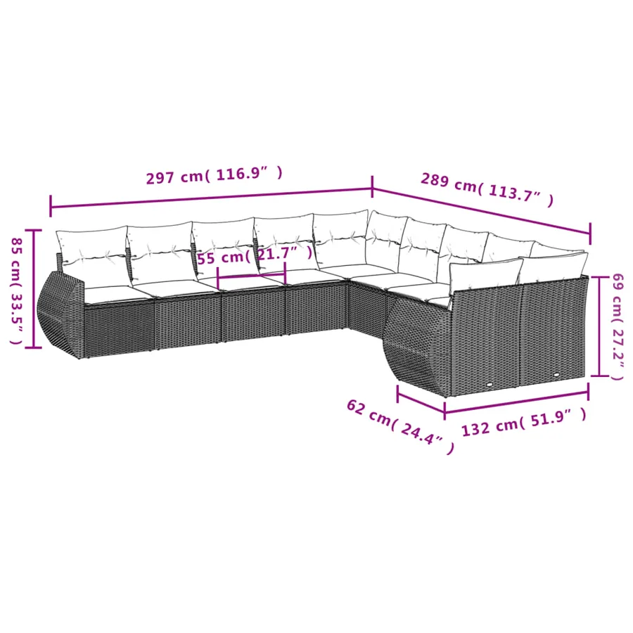 Ensemble de canapé de jardin 10 pcs avec coussins marron résine tressée - 7