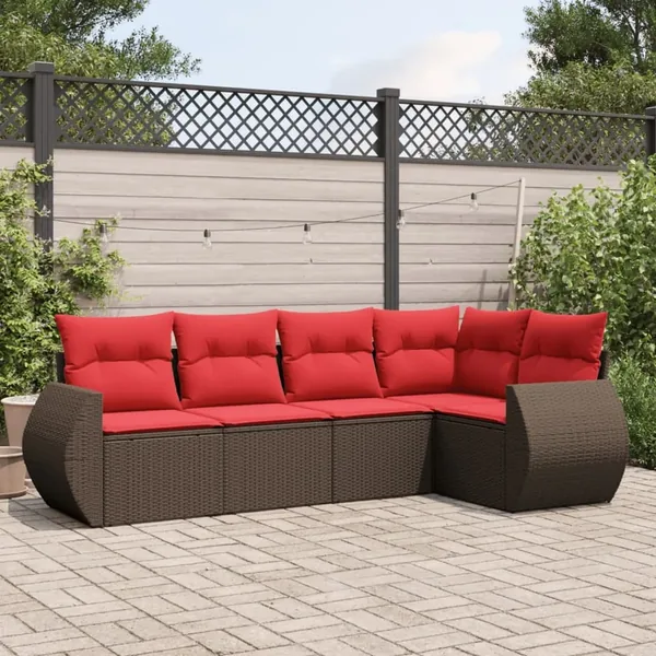 Ensemble de canapé de jardin 5 pcs avec coussins marron résine tressée