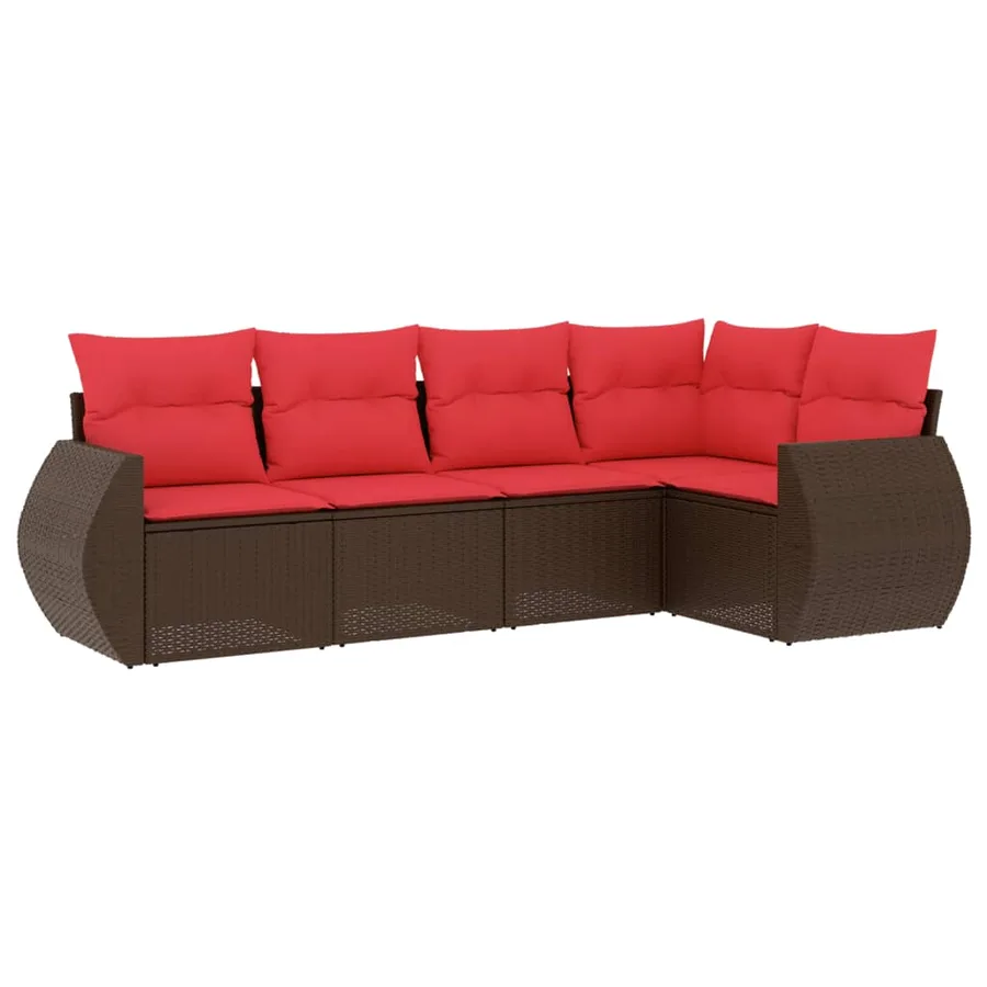 Ensemble de canapé de jardin 5 pcs avec coussins marron résine tressée - 2