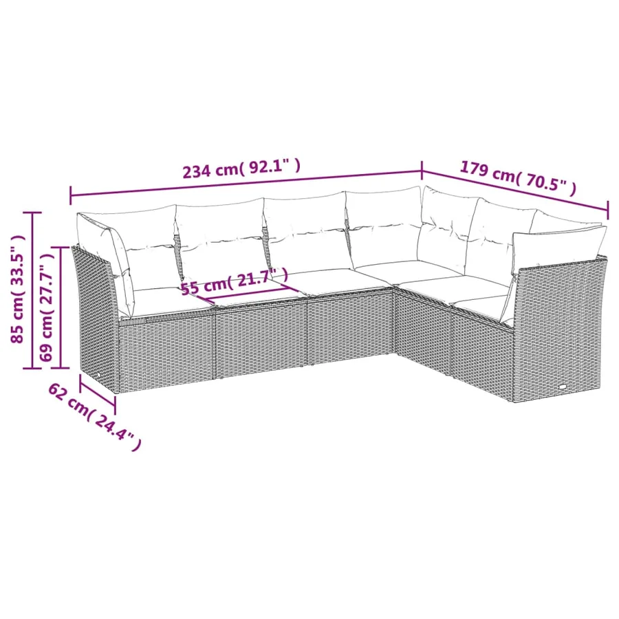 Ensemble de canapé de jardin 6 pcs avec coussins gris résine tressée - 6
