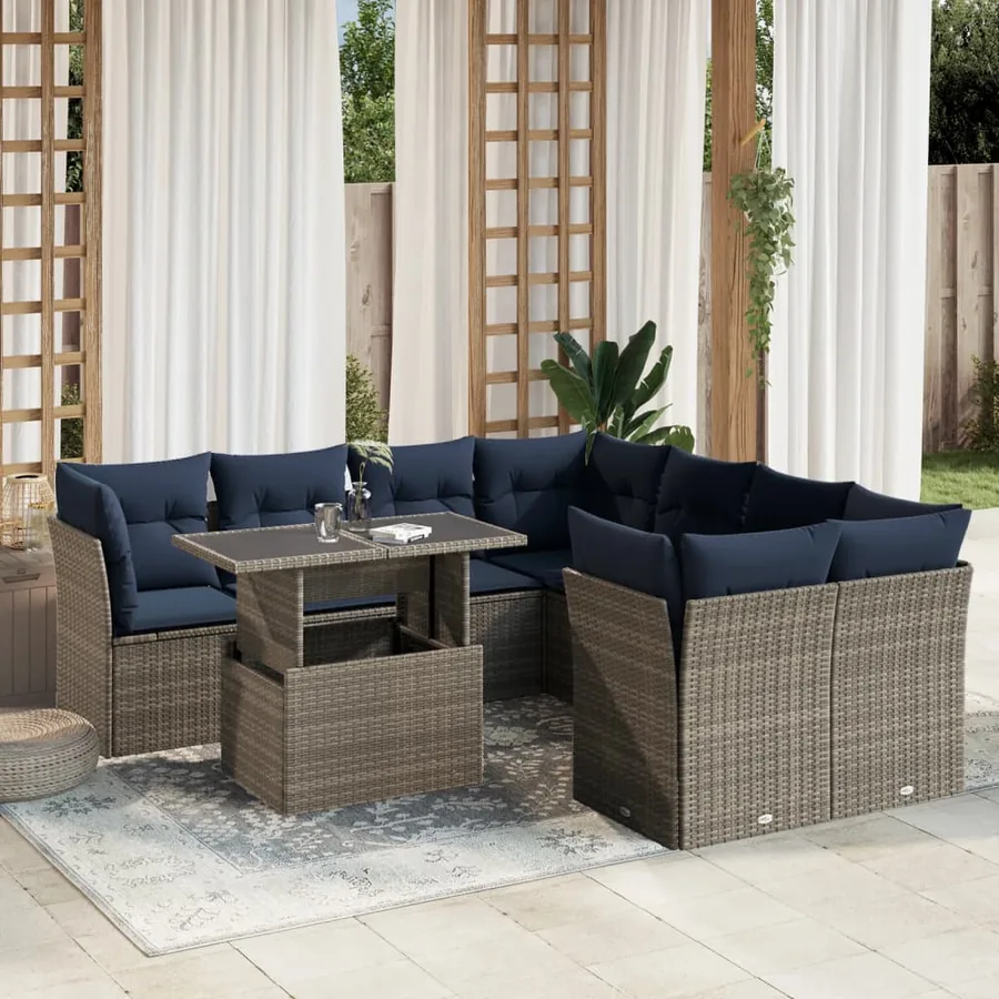 Ensemble de canapé de jardin 9 pcs avec coussins gris résine tressée
