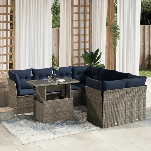 Ensemble de canapé de jardin 9 pcs avec coussins gris résine tressée