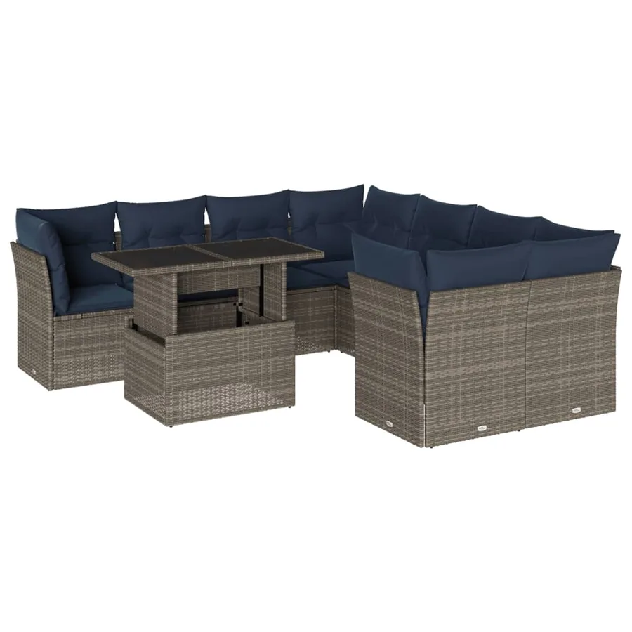 Ensemble de canapé de jardin 9 pcs avec coussins gris résine tressée - 2