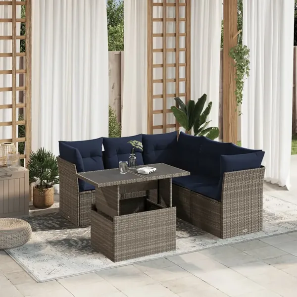 Ensemble de canapé de jardin 6 pcs avec coussins gris résine tressée