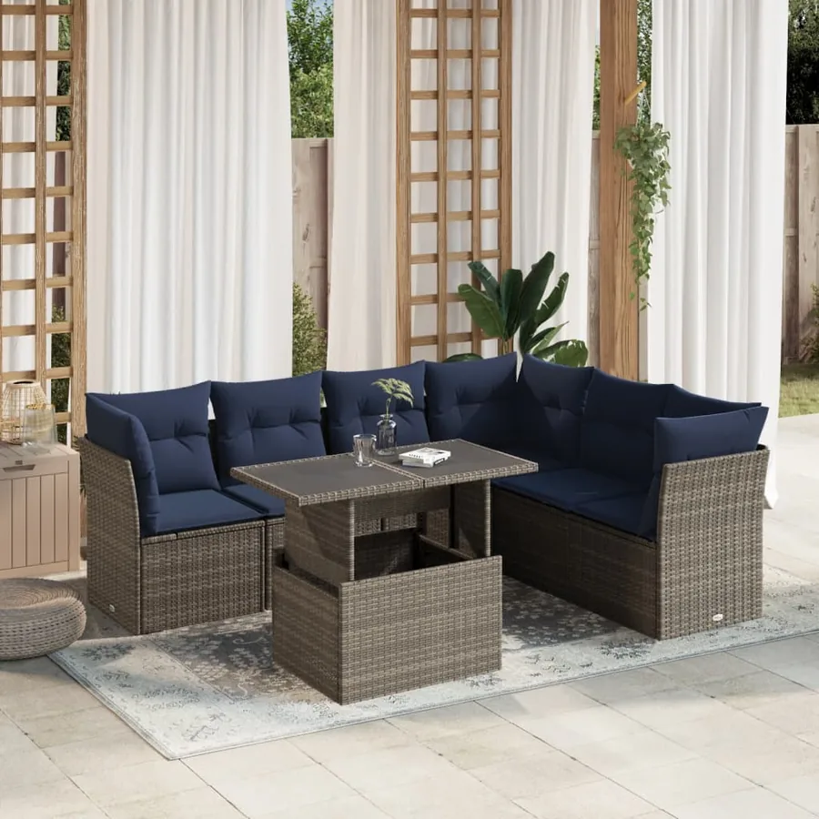 Ensemble de canapé de jardin 7 pcs avec coussins gris résine tressée